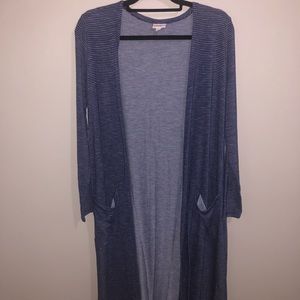 Lularoe “Sarah” long cardigan Size L Blue/White